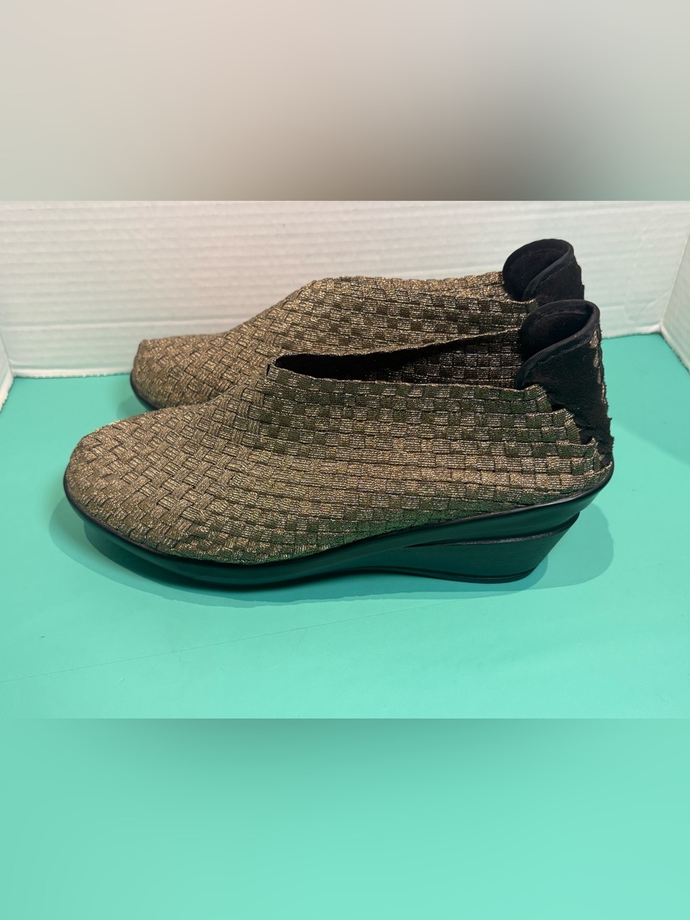 Bernie Mev Womens 10.5 Bootie Brown Bronze Metallic Slip On Stretch Wedge Heels